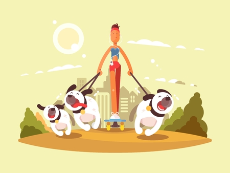 Woman on skate walk with dogs. Stroll in park with favorite pets. Vector illustration