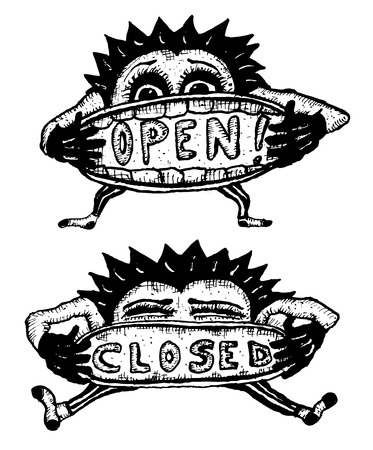 落書き手のセットのイラスト描かれたオープンとクローズの看板漫画の文字セット のイラスト素材 ベクタ Image