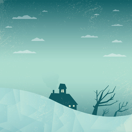森の小さな家の冬の風景 孤独な木と雪が降る夜のシーン のイラスト素材 ベクタ Image