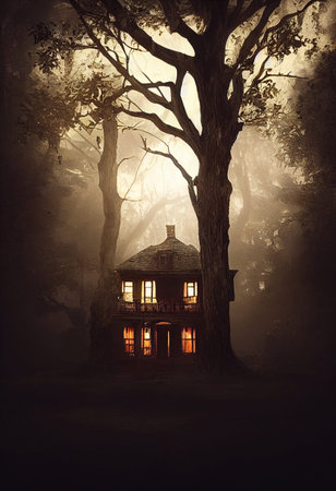 A computer 3d illustration of spooky haunted house in the woods. a.i. generated art.
