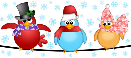 Three Christmas Birds on a Wire Cartoon Clipart Illustration Isolated on White Background with Snowflakes