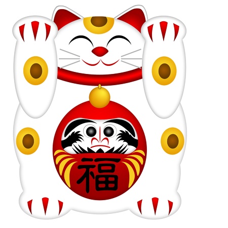 Maneki Neko Japonais Mots Kanji Prosperite Et Illustration Daruma Doll Symbole Isole Sur Fond Blanc Banque D Images Et Photos Libres De Droits Image