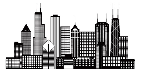 Chicago city skyline panorama black outline silhouette isolated on white background illustration Imagens