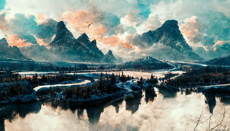 Birds Flying Over Rivers And Mountains Wallpaper Illustration. Illustration For Wallpaper.