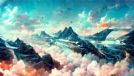 Birds Flying Over Rivers And Mountains Wallpaper Illustration. Illustration For Wallpaper.