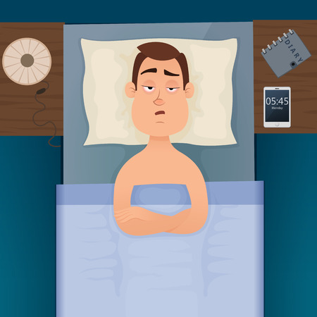 睡眠障害と不眠症の症状を持つ若い従業員男 眠れぬ男仕事について考えるすべての夜 ベクター イラストをデザイン のイラスト素材 ベクタ Image