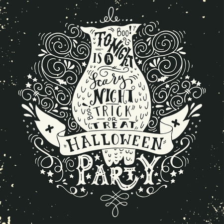 Halloween Del Búho Letras De La Mano La Bandera Y Adornos Esta Noche Es Una Fiesta Muy Aterrador Cartel O Impresión Dibujo De Vector De La Mano Ilustraciones Vectoriales Clip Art Vectorizado