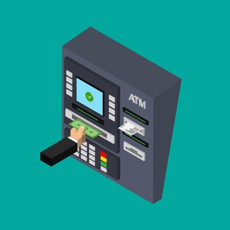 Isometric flat design of atm machine isolated on color background. withdrawing money from atm. using automat terminal. vector illustration.