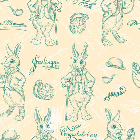 ウサギとのシームレスなパターン レトロな飾り 英語のおとぎ話の文字 時計と杖の白ウサギ ヴィンテージ背景古い英語でウサギ コスチュームします 手描きの イラスト のイラスト素材 ベクタ Image ウサギとのシームレスなパターン レトロな飾り 英語のおとぎ話の文字 時計と杖の白ウサギ ヴィンテージ背景古い英語でウサギ コスチュームします 手描きの イラスト のイラスト素材 ベクタ Image