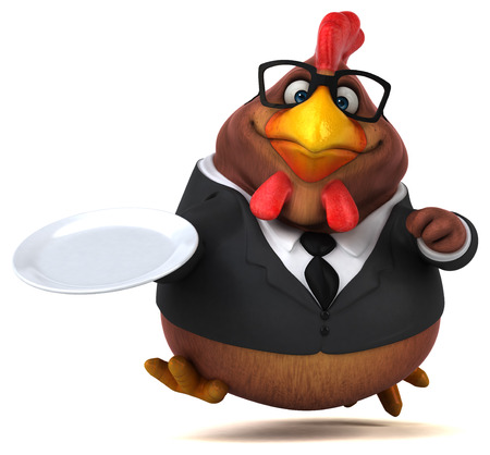 フライド チキンのプレートを保持している鶏のスーツのシェフ 白で隔離されます の写真素材 画像素材 Image