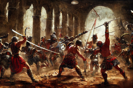 Gladiateurs combattant dans un colisée, présentés dans un tableau historique. arène de gladiateurs éclairée par le soleil dans la rome antique. romains se battant avec des épées. peinture d'art de soldats romains armés et combattants.
