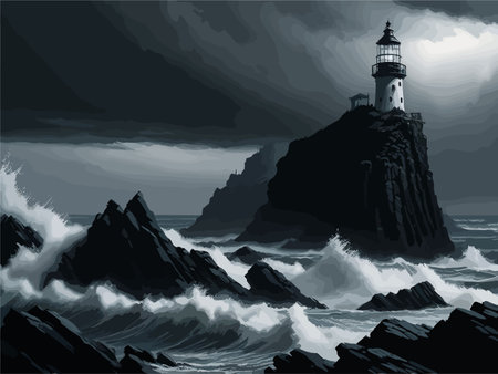 灯台の風景 油彩画 金色フレーム （受注制作】油彩画 小林幸三