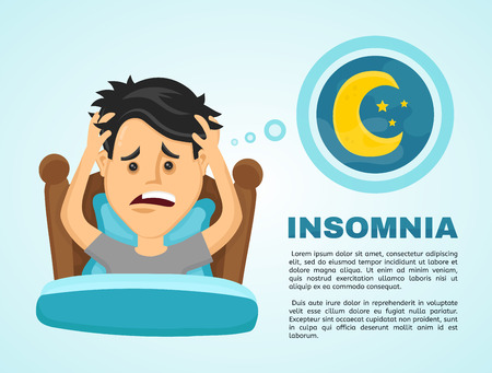 不眠症のインフォ グラフィック 若い男は 睡眠不足に苦しんでいます ベクトル フラットな近代的なスタイルのイラストの文字アイコン デザイン 白い背景上に分離 健康ケア 悪いボディ バランス 不眠症の概念 のイラスト素材 ベクタ Image