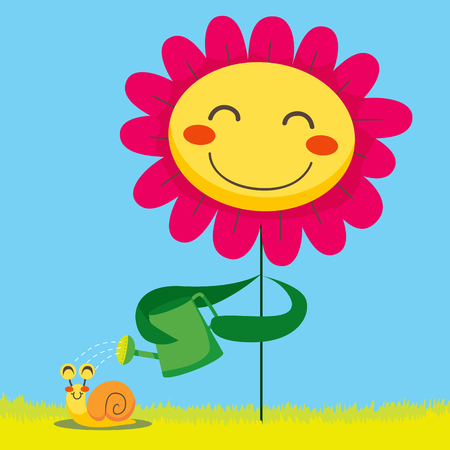 Happy flower showering a cute snail with a green watering can Иллюстрация