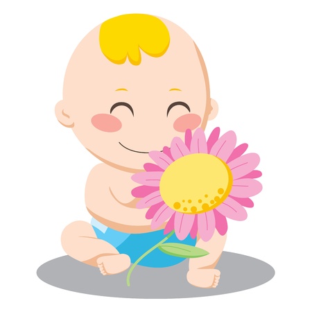 Little baby boy holding a pink daisy flower and smiling happily Иллюстрация