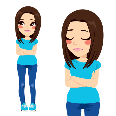 sad lonely: Sad teenager girl with crossed arms and lonely expression Illustration