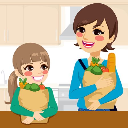helping people cartoon beautiful kid daughter helping happy mother carrying groceries paper bags in kitchen - Kid Cartoon Pictures helping people cartoon beautiful kid daughter helping happy mother carrying groceries paper bags in kitchen - Kid Cartoon Pictures