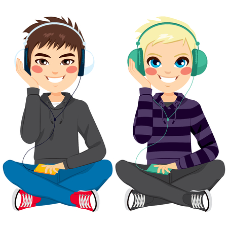 カジュアルな服にヘッドフォンで音楽を聴くの床に座って若い男の子 のイラスト素材 ベクタ Image カジュアルな服にヘッドフォンで音楽を聴くの床に座って若い男の子 のイラスト素材 ベクタ Image