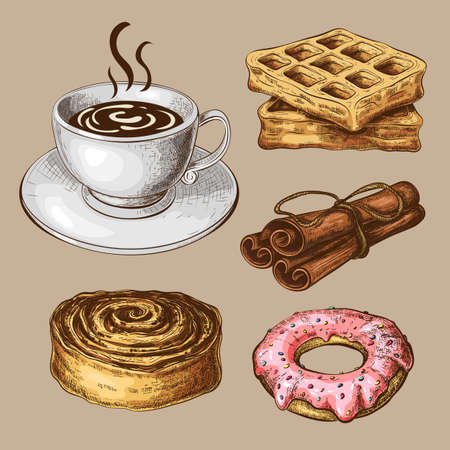 Pastry with coffee vintage clipart. color sketch of sweet breakfast isolated. drawn sweet pastry with coffee cup. illustration of glazed donut, waffers, cinnamon bun and sticks. great for design menu.
