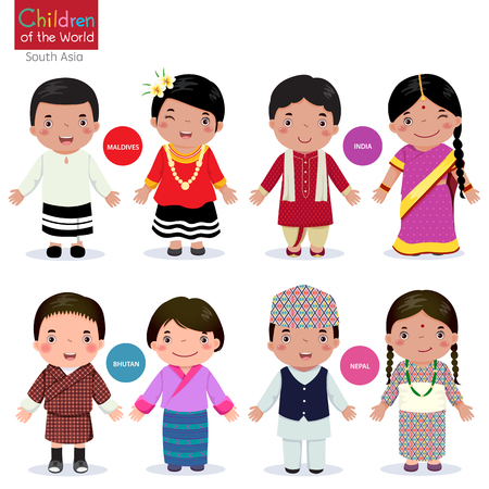 Kids in traditional costume maldives, india, bhutan and nepal Stock Photo