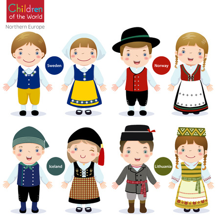 Kids in traditional costume sweden, norway, iceland and lithuania