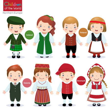 Kids in traditional costume ireland, finland, estonia and denmark Stock Photo