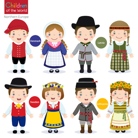 Kids in traditional costume denmark, latvia, sweden and lithuania