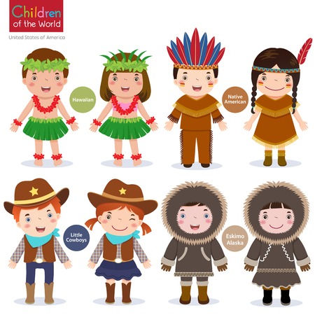 Kids in traditional costume-usa-hawaiian-native american-cowboys-eskimo Stock Photo