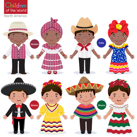 Kids in different traditional costumes jamaica, cuba, mexico