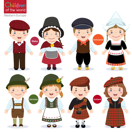Kids in different traditional costumes wales, netherlands, germany, scotland