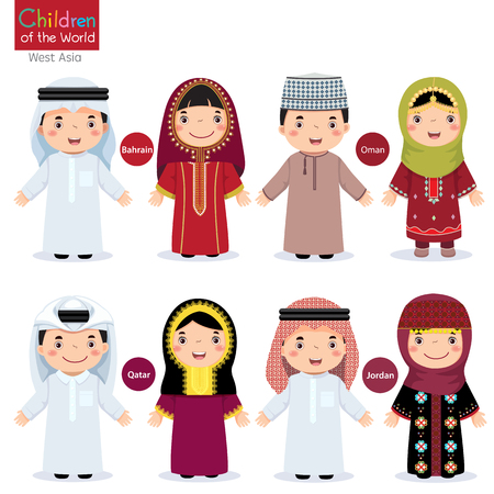 Kids in different traditional costumes (bahrain, oman, qatar, jordan) Stock Photo