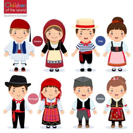 Kids in different traditional costumes (greece, italy, portugal, serbia) Stock Photo