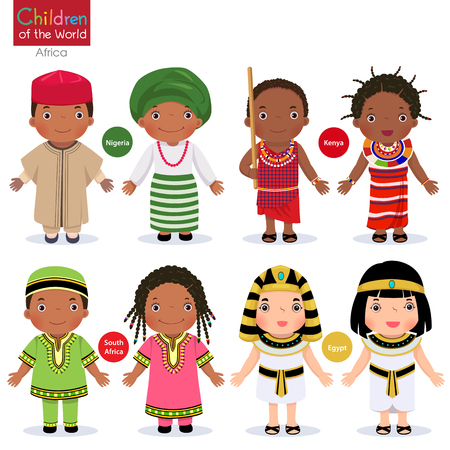 Kids in different traditional costumes. nigeria, kenya, south africa, egypt.