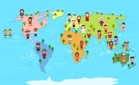 World map and kids of various nationalities Vector Illustration