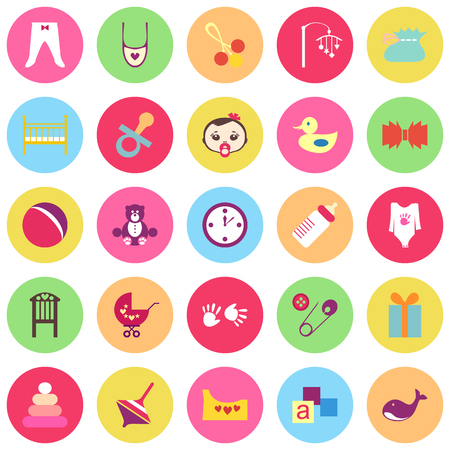 影でカラフルなベビー用品のセットです 25 ほとんどの幼児のためのかわいいもの フラットなデザイン イラスト すべての要素は 簡単 に編集できます 子供たちのアクセサリー ベビー シャワーの日 の写真素材 画像素材 Image