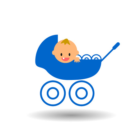 Newborn baby boy smiling in the stroller flat vector icon on white background with shadow Stock Photo
