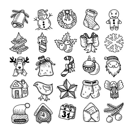 set of black and white sketch drawing christmas doodle icons royalty christmas doodle