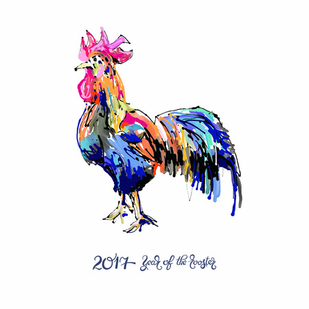 Original design for new year celebration chinese zodiac signs with decorative rooster, digital painting vector illustration with hand written lettering inscription 2017 year of the rooster