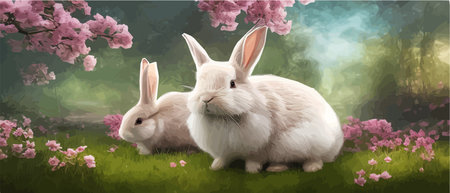 Lapins. beau vecteur de conception d'art de mignons petits lapins de pâques dans un pré fleuri. fleurs de printemps et vert