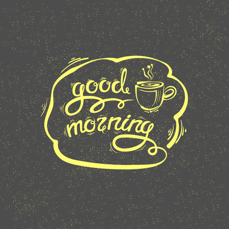 おはようございます 手描き文字をベクトルします 紅茶やコーヒーのカップのイラスト素材 ベクタ Image