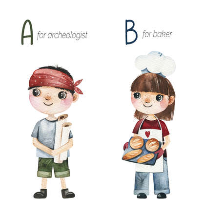 Watercolor Alphabet Profession set.Learn letters with funny professions.Archaeologist for A, Baker for B .Perfect for education,baby shower,children prints,template card, books,gre Фото со стока