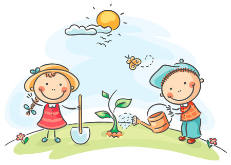 Happy cartoon kids spring activities Иллюстрация