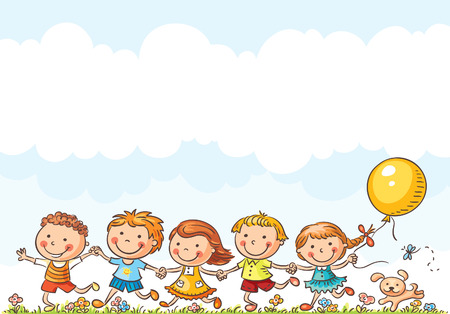 Happy cartoon kids running outdoors on a summer day