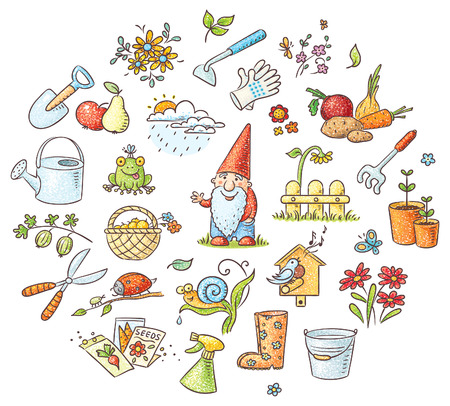 Set of cartoon gardening tools, plants and animals, fruit and vegetables, no gradients
