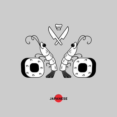 海老と白身魚のお寿司のロゴ エビ 魚 寿司 ベクトル イラスト 記号 紋章 明るい背景上に分離 日本料理レストランのロゴ のイラスト素材 ベクタ Image