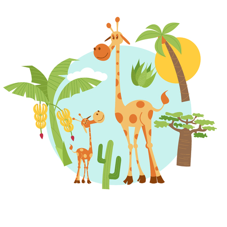 アフリカ アフリカの動物と自然 かわいいキリン ヤシの木 サボテン バナナ バオバブ ベクトルイラスト 白い背景に隔離されています のイラスト素材 ベクタ Image アフリカ アフリカの動物と自然 かわいいキリン ヤシの木 サボテン バナナ バオバブ ベクトルイラスト 白い背景に隔離されています のイラスト素材 ベクタ Image