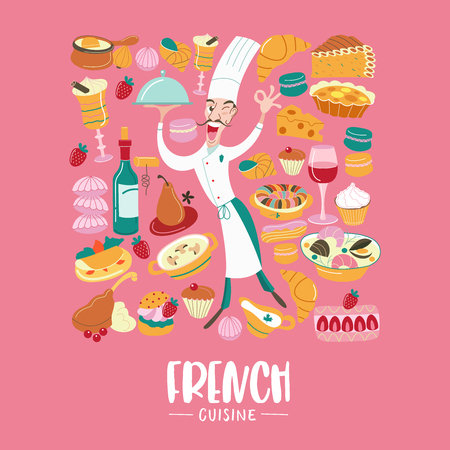 フランス料理クリップアートのセット 伝統的なフランス 料理 ペストリー ワイン パン 組成物の中央に料理とシェフ チーフはおいしいというジェスチャーを見せる ベクトルイラスト 食事は正方形の形で収集されます のイラスト素材 ベクタ Image