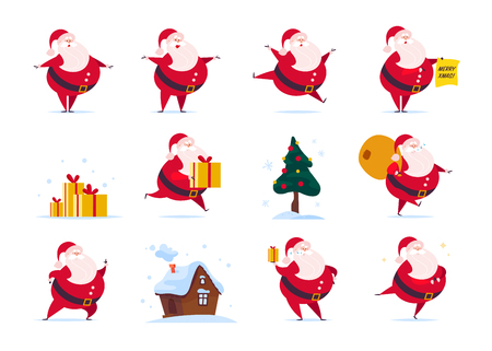 Vector set of flat funny Santa Claus character isolated on white background - stand, carry presents bag, hold gift box, jump, walk, smile. Fir tree, gingerbread house. Card, banner, web, animation etc Vector Illustration