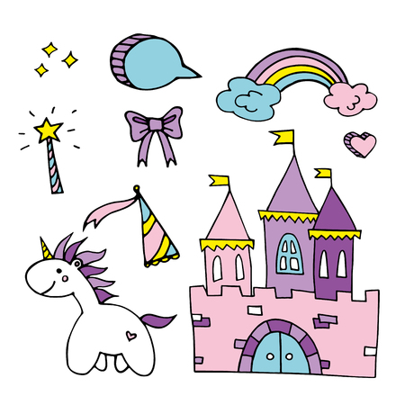 set of hand drawn unicorn and magical elements royalty free cliparts