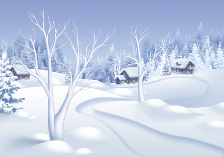 白い冬の村の風景イラスト 休日の背景 の写真素材 画像素材 Image